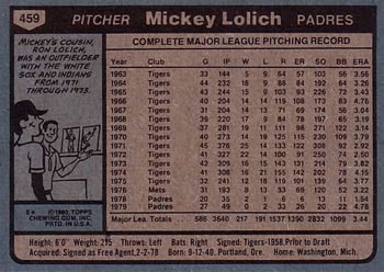 1980 Topps #459 Mickey Lolich Back