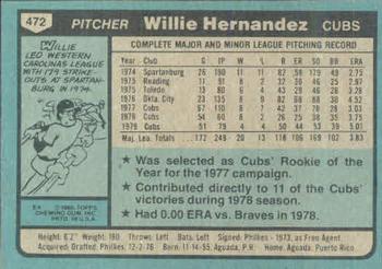 1980 Topps #472 Willie Hernandez Back