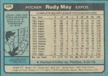 1980 Topps #539 Rudy May Back