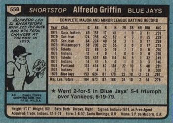 1980 Topps #558 Alfredo Griffin Back