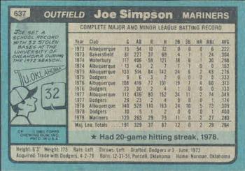 1980 Topps #637 Joe Simpson Back