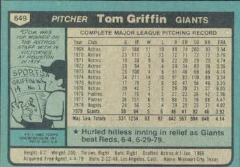 1980 Topps #649 Tom Griffin Back
