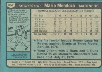 1980 Topps #652 Mario Mendoza Back