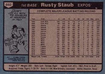 1980 Topps #660 Rusty Staub Back