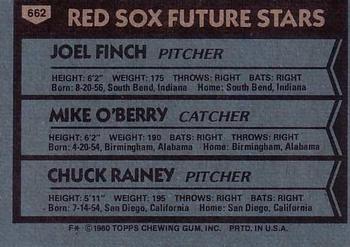 1980 Topps #662 Red Sox Future Stars (Joel Finch / Mike O'Berry / Chuck Rainey) Back