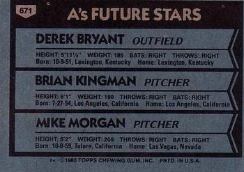 1980 Topps #671 A's Future Stars (Derek Bryant / Brian Kingman / Mike Morgan) Back
