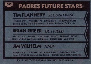1980 Topps #685 Padres Future Stars (Tim Flannery / Brian Greer / Jim Wilhelm) Back
