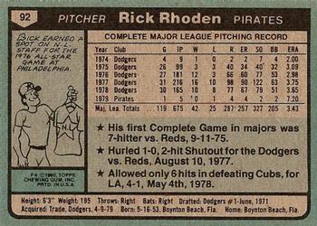1980 Topps #92 Rick Rhoden Back