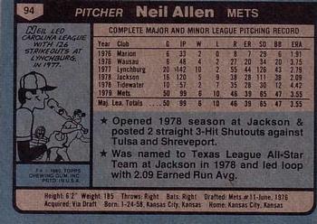 1980 Topps #94 Neil Allen Back
