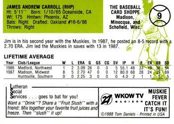 1988 Madison Muskies  #9 Jim Carroll Back