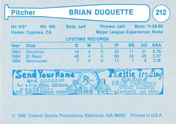 1985 Cramer Vancouver Canadians #212 Bryan Duquette Back