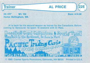 1985 Cramer Vancouver Canadians #225 Al Price Back