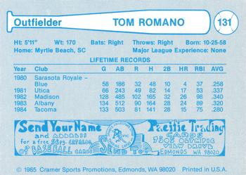 1985 Cramer Tacoma Tigers #131 Tom Romano Back