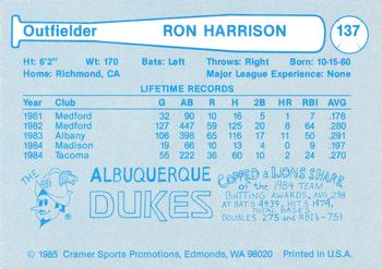 1985 Cramer Tacoma Tigers #137 Ron Harrison Back