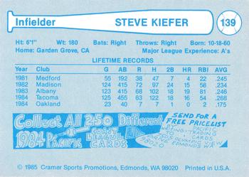 1985 Cramer Tacoma Tigers #139 Steve Kiefer Back