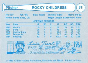 1985 Cramer Portland Beavers #31 Rocky Childress Back