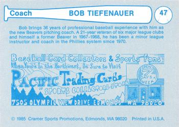 1985 Cramer Portland Beavers #47 Bobby Tiefenauer Back