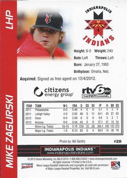 2013 Choice Indianapolis Indians #28 Mike Zagurski Back