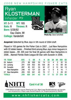 2008 MultiAd New Hampshire Fisher Cats #4 Ryan Klosterman Back