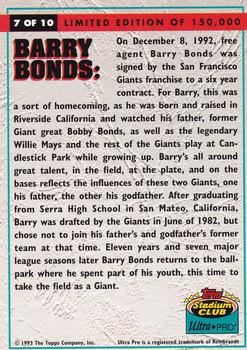 1993 Stadium Club Ultra-Pro #7 Barry Bonds Back