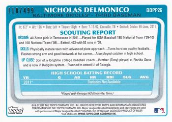 2011 Bowman Draft Picks & Prospects - Prospects Blue #BDPP26 Nicholas Delmonico Back