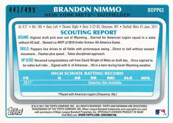 2011 Bowman Draft Picks & Prospects - Prospects Blue #BDPP63 Brandon Nimmo Back