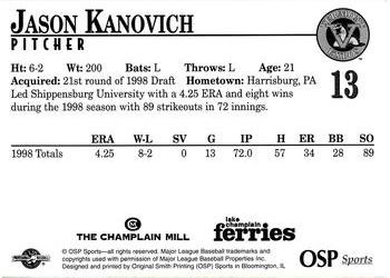1998 Vermont Expos #13 Jason Kanovich Back