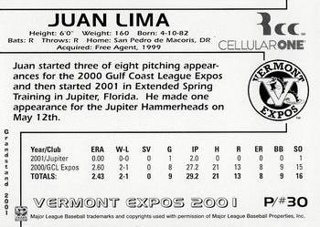 2001 Grandstand Vermont Expos #NNO Juan Lima Back