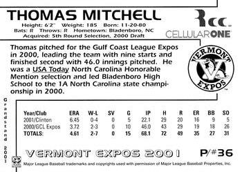 2001 Grandstand Vermont Expos #NNO Thomas Mitchell Back