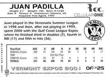 2001 Grandstand Vermont Expos #NNO Juan Padilla Back