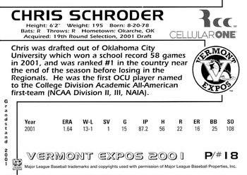 2001 Grandstand Vermont Expos #NNO Chris Schroder Back