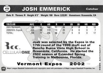 2002 Grandstand Vermont Expos #NNO Josh Emmerick Back