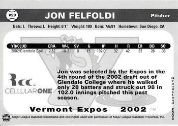 2002 Grandstand Vermont Expos #NNO Jon Felfoldi Back