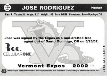 2002 Grandstand Vermont Expos #NNO Jose Rodriguez Back