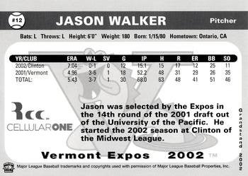 2002 Grandstand Vermont Expos #NNO Jason Walker Back