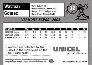 2003 Grandstand Vermont Expos #NNO Warmar Gomez Back