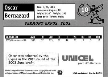 2003 Grandstand Vermont Expos #NNO Oscar Bernazard Back