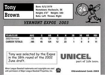 2003 Grandstand Vermont Expos #NNO Tony Brown Back