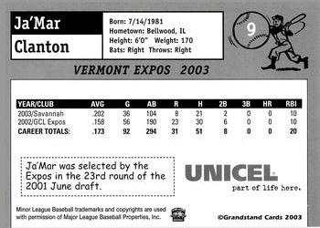 2003 Grandstand Vermont Expos #NNO Ja'Mar Clanton Back