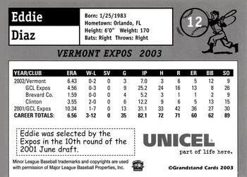 2003 Grandstand Vermont Expos #NNO Eddie Diaz Back