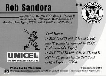 2005 Grandstand Vermont Expos #NNO Rob Sandora Back