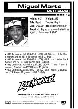 2012 Choice Vermont Lake Monsters #16 Miguel Marte Back