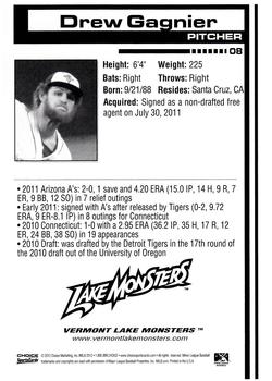 2012 Choice Vermont Lake Monsters #8 Drew Gagnier Back
