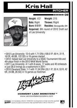 2012 Choice Vermont Lake Monsters #9 Kris Hall Back