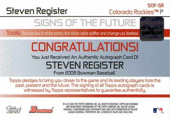 2008 Bowman - Signs of the Future #SOF-SR Steven Register Back