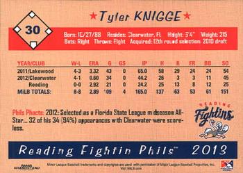 2013 Grandstand Reading Fightin Phils #NNO Tyler Knigge Back