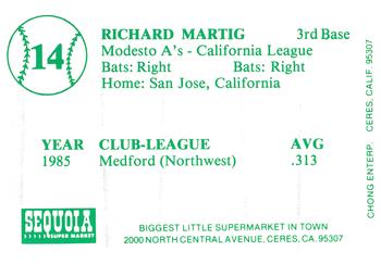 1986 Chong Modesto A's #14 Richard Martig Back