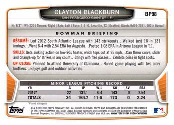 2013 Bowman - Prospects Purple #BP98 Clayton Blackburn Back