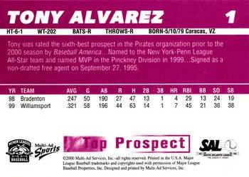 2000 Multi-Ad South Atlantic League Top Prospects #1 Tony Alvarez Back
