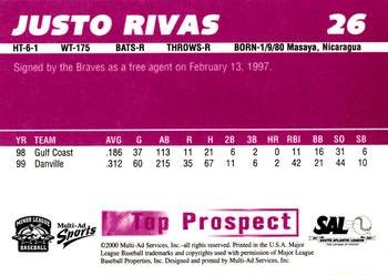 2000 Multi-Ad South Atlantic League Top Prospects #26 Justo Rivas Back